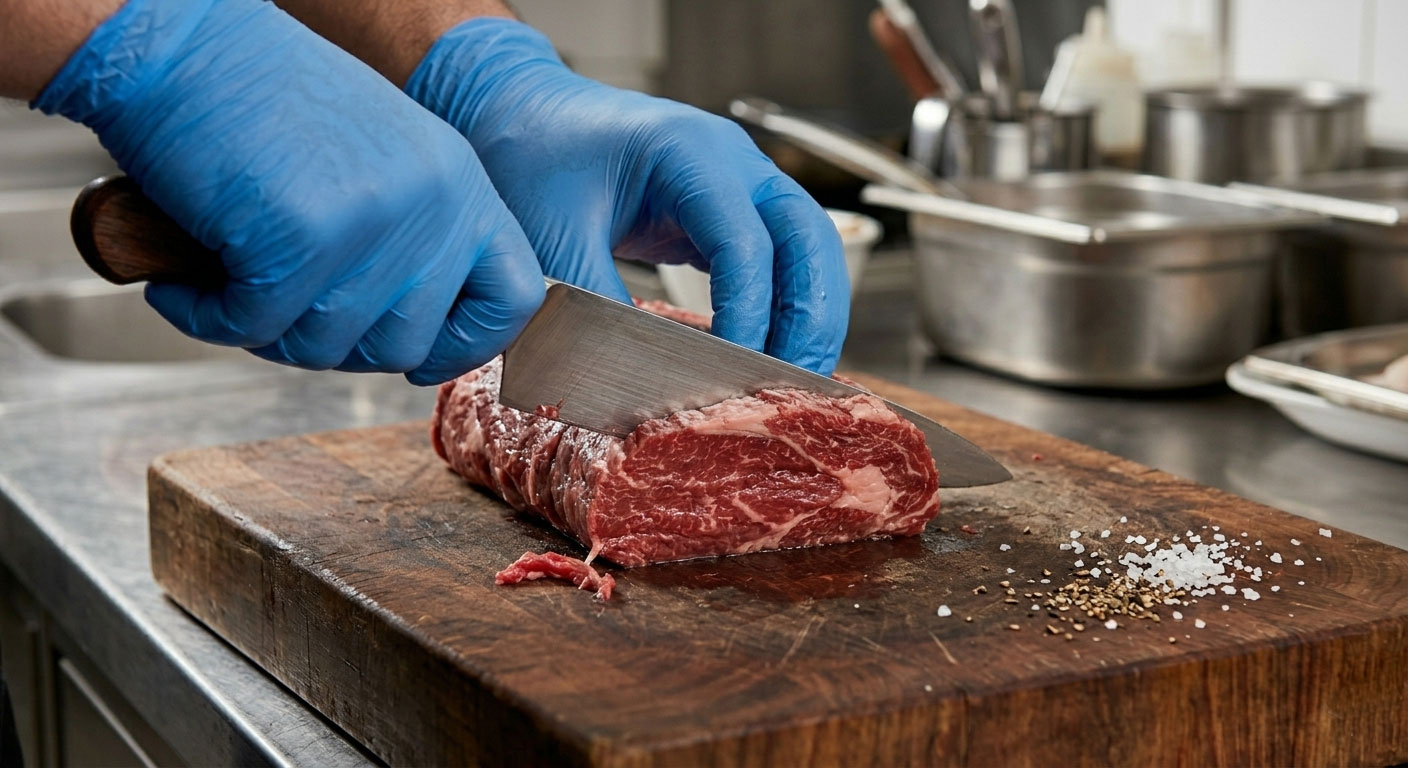 Professional butcher performing expert meat cutting