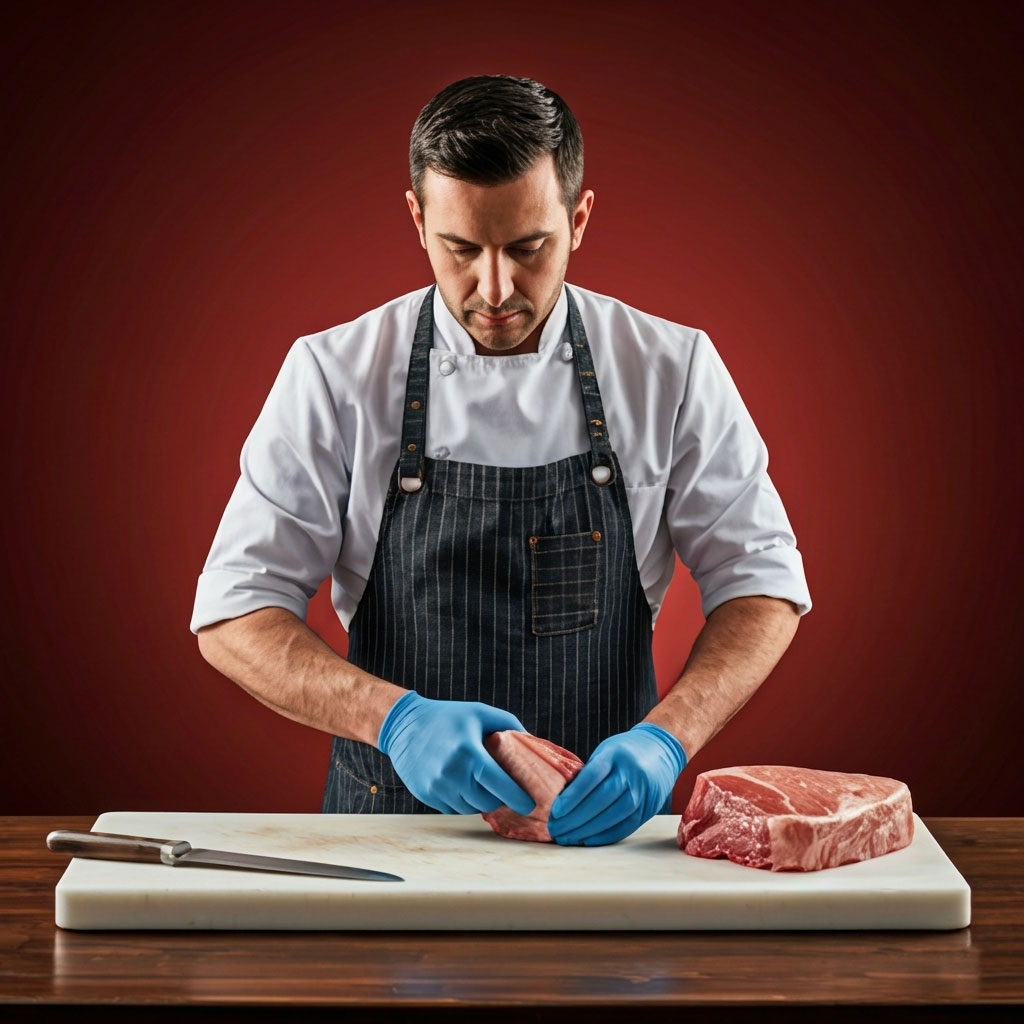 Professional butcher cutting meat